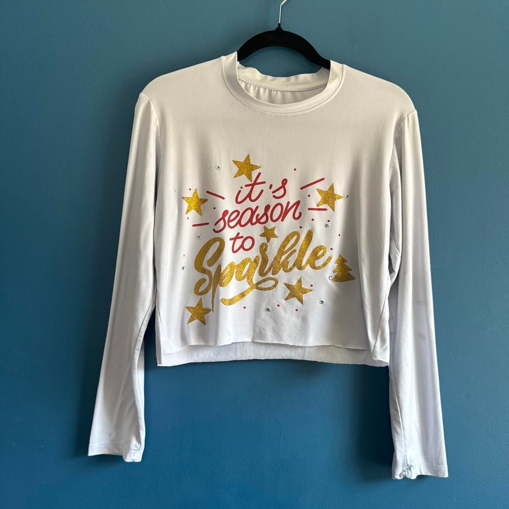 Ashley Blue Crop Glitter Top Women's Size Large Blue Gold Red Holiday Christmas